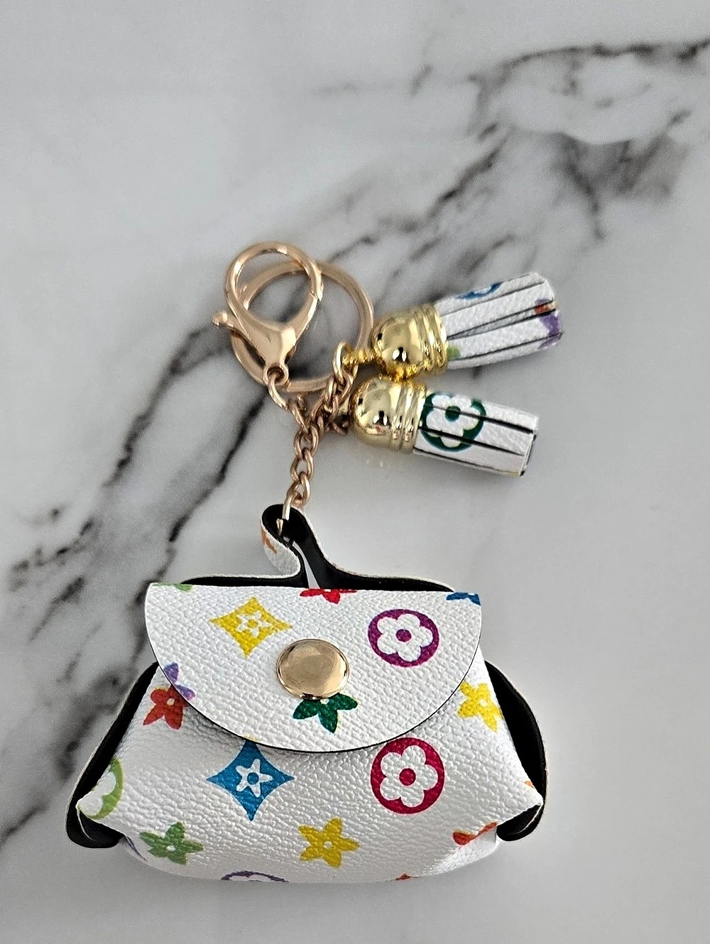 Floral Mini Bag Keychain in White & Multicolor